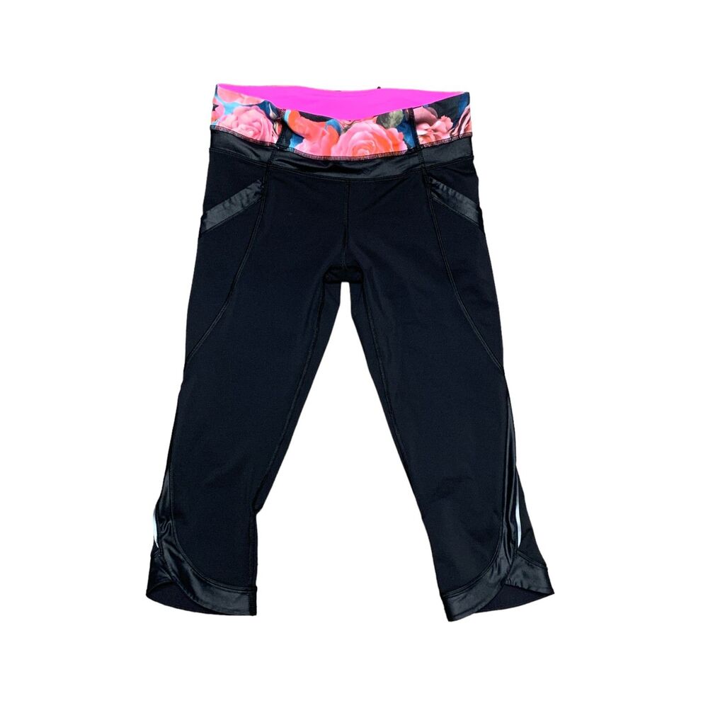 Lululemon, Chase Me Crop Leggings, Pink/Black Floral Print, Size 6, Used